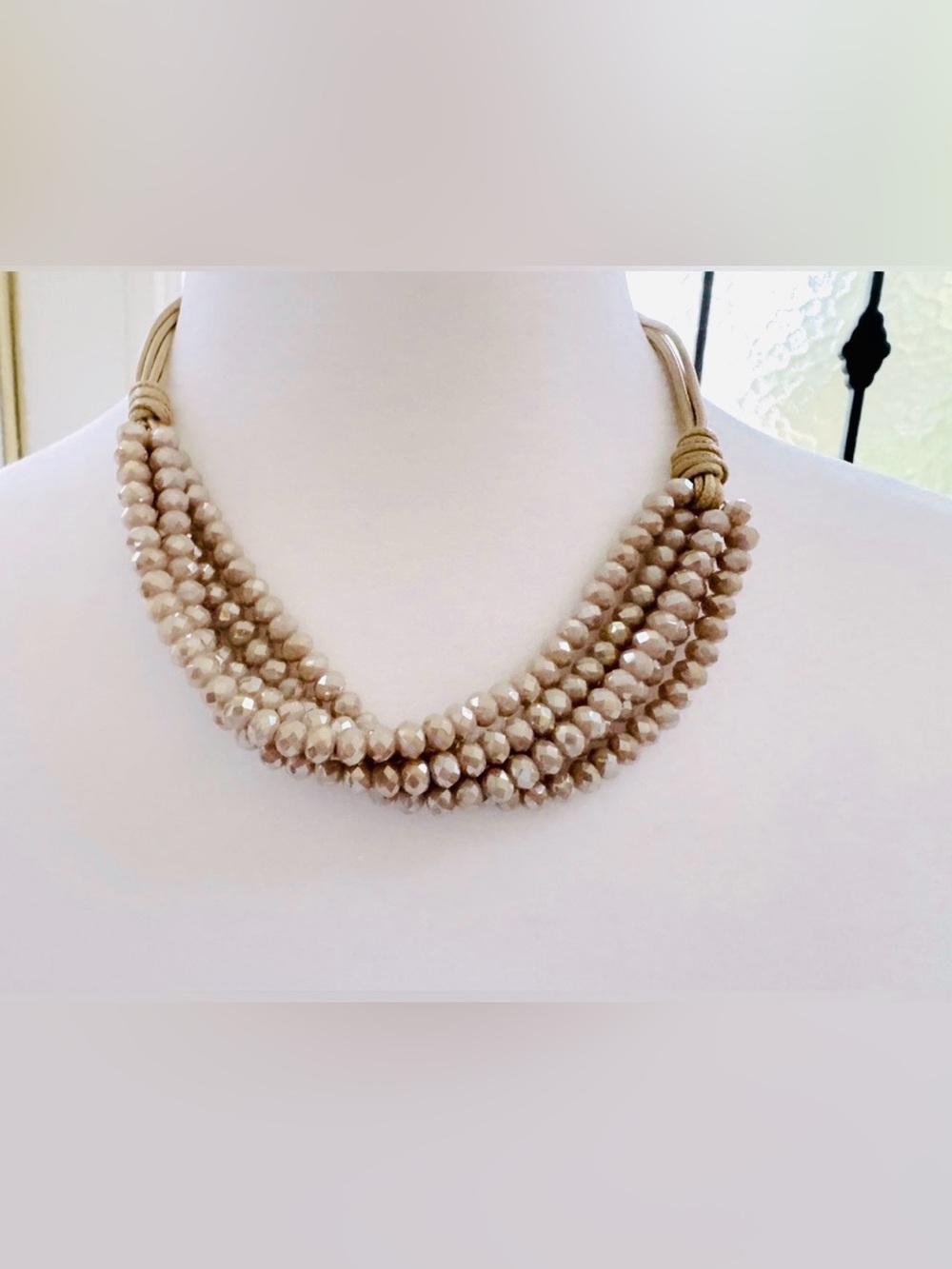 5-Strand Layered Beaded Choker Necklace – Antique White – Boho